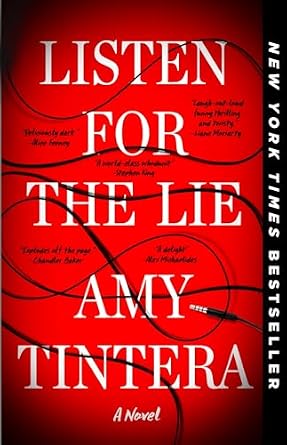 Listen for the Lie by Amy Tintera book cover with a red shadowed background with a cord looping through the title and author name.