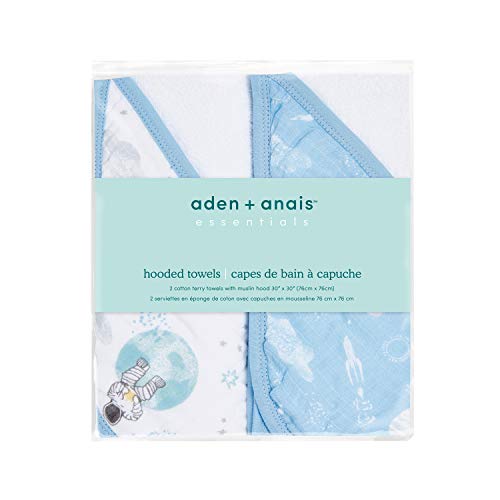 Image of aden + anais Essentials Hooded Baby Bath Towel, Super Soft 100% Cotton, 2 Pack, Space Explorers
