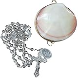 Virgen de Regla Rosario de Cristal Clear Glass Rosary Silver Plated Findings con Detalles Plateados y Postal de Rezo Bendecida Blessed Prayer Card and Mother of Pearl Case