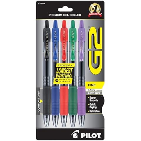 Pilot, G2 Premium Gel Roller Pens, Fine Point 0.7 mm, Assorted Colors, Pack of 5 Cover