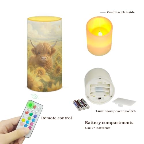 Image of Poceacles LED Flameless Candles Battery Operated Candles with Remote Control Timer Flickering Wick Pillar Tealight for Home Outdoor Decor, Sunflower Highland Cow
