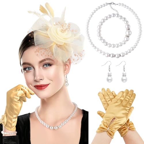 Image of DRESHOW 1920s Vintage Fascinators Hat for Women Veil Mesh Tea Party Derby Hat Bow Satin Gloves Pearl Jewelry Set for Cocktail