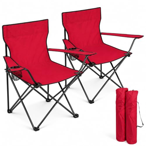 BESCH Set de 2 Sillas Plegable para Camping de Acero con Portavaso 45x45x80cm Carga Máxima 110Kg - Silla para Exterior, Picnic, Jardín y Pesca (Rojo)