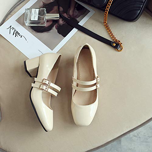 VOKLIN Women's Mary Jane Pump Oxford Retro Square Toe Buckle Strap Patent Leather Chunky Mid Heel Dress Shoes3