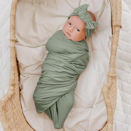 Image of TANOFAR Newborn Swaddle Blanket for Baby Girls & Boys, Ultra Soft Receiving Blankets with Matching Headband and Beanie Set Baby Nursery Swaddle Wrap (Green)