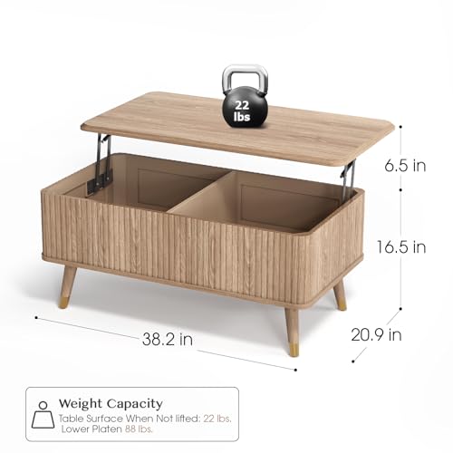 Image of JOINICE 38 inch Lift Top Coffee Table with Storage for Living Room,Oak | Large Hidden Storage,Natural Boho Style,Fluted Rectangle Center Table with Wooden Legs,Lifts to 23 inch,Holds 88lbs,Easy Assembly