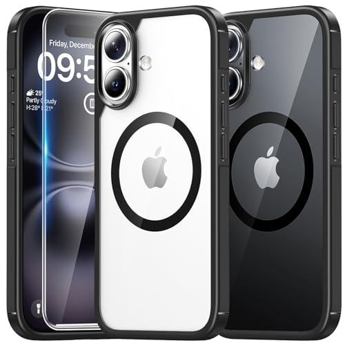TAURI for iPhone 16 Case 6.1" with Screen Protector, Compatible with MagSafe, Military-Grade Protection, [Anti-Yellowing] Shockproof Transparent Magnetic Phone Cover - Black