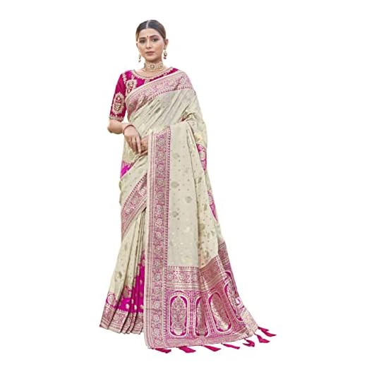 MANOHARI Most Trendy Banarasi Silk Woven Pattern Jacquard Saree For Women With Blouse Piece_Mn1713-1, Off White