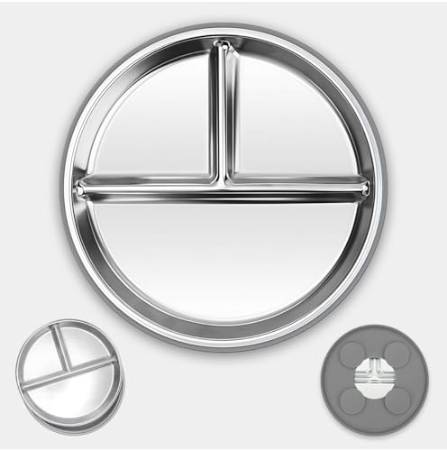 Image of NYALA Stainless Steel Baby Toddler Plates Silicone Suction, Non-Slip Baby Plates BPA Free,Unbreakable Dishwasher Safe (Grey)