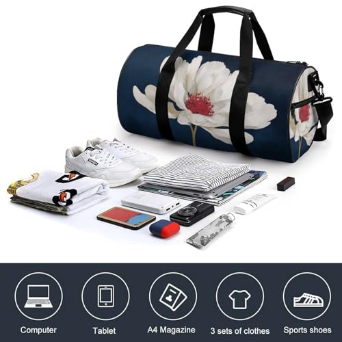 Large Single White Flower Travel Gym Bag for Women Men Cylindrical Duffle Bag Sport Workout Bag with Shoulder Strap4