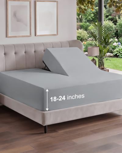 Image of Extra Deep Flex Top Split Head King Fitted Sheet - Hotel Luxury Single Fitted Sheet Only - Easily Fits 18 inch to 24 inch Mattress - Ultra Soft, Wrinkle Free w /Extra Deep Pockets - Steel Blue