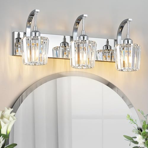 FDPBY Modern Bathroom Vanity Light, 3-Light Chrome Wall Sconce with Crystal Accents, Over Mirror Bathroom Lighting Fixture, 23.62" Long Dimmable Vanity Lamp for Makeup, Easy Installation