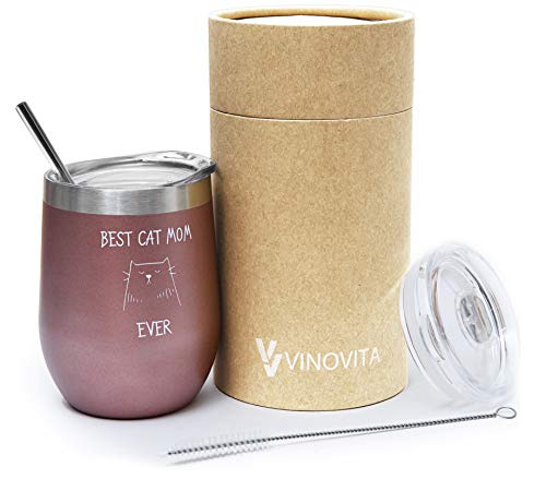 Best Cat Mom Ever – VINOVITA Stainless-Steel Funny Wine Tumbler – Insulated Stemless Glass with 2 Lids, Straw, & Brush – Novelty Adult Sippy Cup – Perfect Christmas, Valentine’s, Birthday Gift – 12oz.