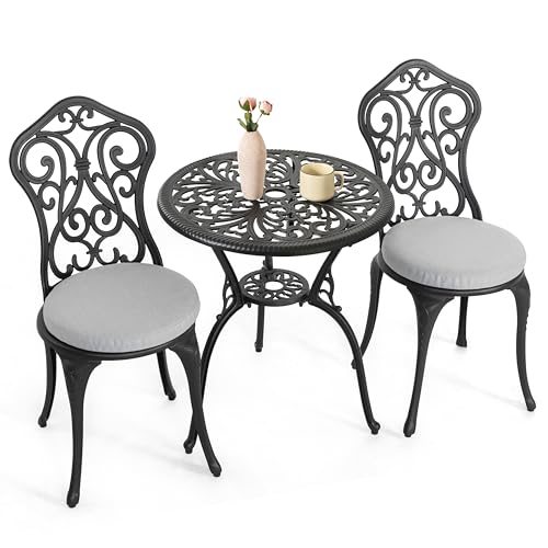 Image of NUU GARDEN 3 Pieces Patio Bistro Set, Outdoor Bistro Set with 2 Chairs, Round Table with Umbrella Hole, Outdoor Bistro Set with Grey Cushions and Umbrella Hole, Black