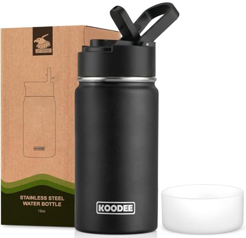 Image of koodee Water Bottle -12 oz Stainless Steel Double Wall Vacuum Insulated Water Bottle with Straw, Sports Metal Wide Mouth Water Bottle Flask for School (Black)