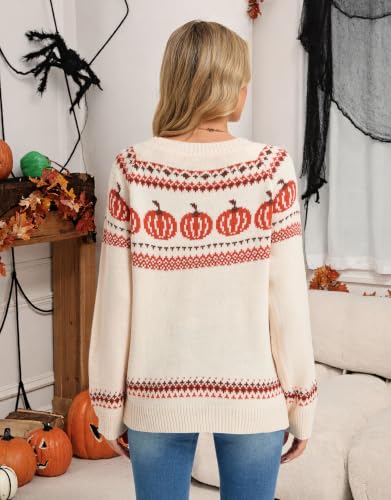 Image of Women's Fair Isle Sweater Crew Neck Long Sleeve Heart Sweater Vintage Tops
