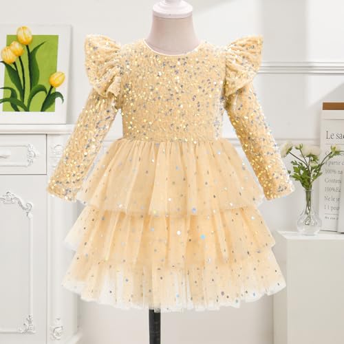 Toddler Baby Girls Sparkle Sequins Velvet Long Sleeve Glitter Tulle Tiered Dress for Xmas Fall Winter4