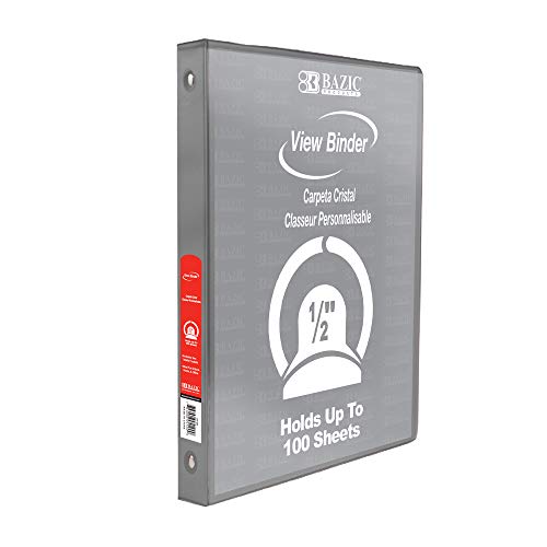 Image of BAZIC Products 1 /2 inch Grey 3-Ring View Binder, Round Ring, 2 Pockets | round rings, 1 /2 in Grey view 3-ring binder, 2 inside pockets, holds up to 100 sheets, Durable poly cover