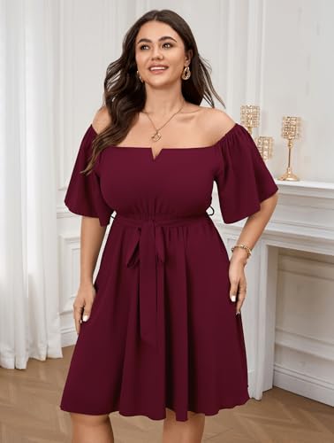 Image of SCOMCHIC Womens Plus Size Cocktail Dress Summer Off Shoulder Short Sleeve Flowy Ruffle A-Line Cute Mini Dress with Belt