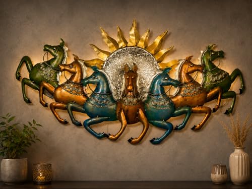 Image of iHandikart Multicolor 7 Running Horses Metal Wall Art with Sun Design | Iron Wall Sculpture for Living Room | Modern Horse Wall Hanging Decor for Home, Office & Hall | 44 x 23 Inch