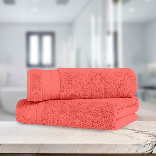 Image of Elegant Comfort Three Line Popcorn Towel Set for Bathroom 27 x 54 inches, Premium Hotel Quality 2-Pack Bath Towels, 100% Turkish Cotton, Soft and Durable, Quick Dry and Highly Absorbent, Coral