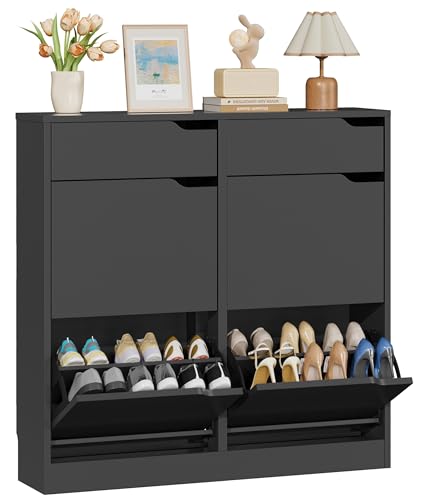 IRONCK Schuhschrank mit 4 Klappen, Schuhkipper Schmal mit 2 Schubladen, freistehendes Schuhregal, Schuhkommode mit verstellbaren Trennwände,...