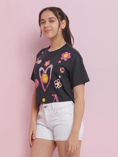 Image of Li'l Tomatoes Girls Crop T-Shirt | 100% Cotton | Graphic Printed Summer Top | Soft & Breathable Casual Wear | 7-16 Years
