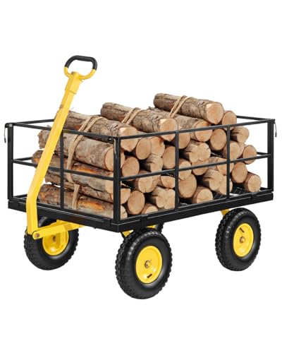 Image of VEVOR Steel Garden Cart, 1400 lbs Heavy Duty Pullable Garden Wagon Yard Cart, 2 in 1 Outdoor Metal Utility Wagon Yard Trailer with 13 inch All Terrain Tires, Mesh Detachable Sides and 180 Rotating Handle