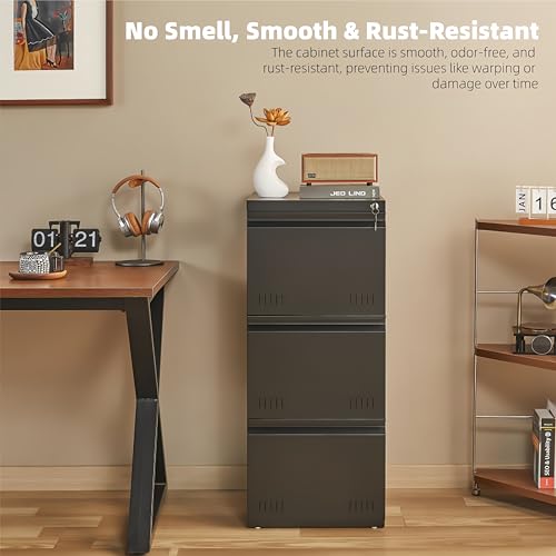 Image of Guizeeopo Metal File Cabinet with Lock, Vertical 3 Drawer File Cabinets for Home Office, Heavy Duty Office Storage Cabinet for A4 /Letter /Legal Size, Assembly Required(Black)