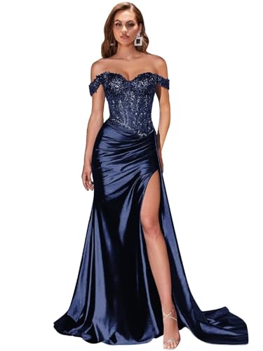 Off Shoulder Satin Prom Dress for Women Long Lace Appliques Mermaid Formal Evening Gown