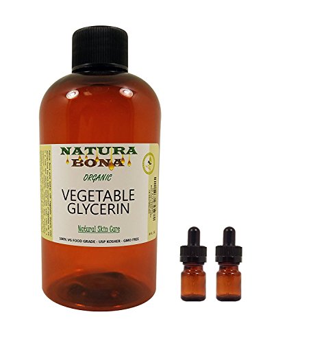 Natura Bona Non-GMO, Allergen-Free, Food-grade & USP Kosher Vegetable Glycerin Oil. Great for Hair & as a Skin Moisturizer. BPA free 8oz PET Bottle, 2 Empty 5ml Amber Glass Droppers
