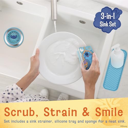 Image of Disney Stitch Sink Drain Strainer, Dish Sponge & Silicone Sink Tray Set | 3-piece set with a strainer to prevent clogs, a tray to keep things organized, and a scrubber for dishes and counters