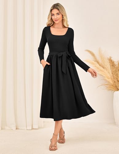 GRACE KARIN Women's Fall Long Sleeve Midi Dress 2025 Casual Square Neck Knit Belted A Line Flowy Elegant Going Out Dresses2