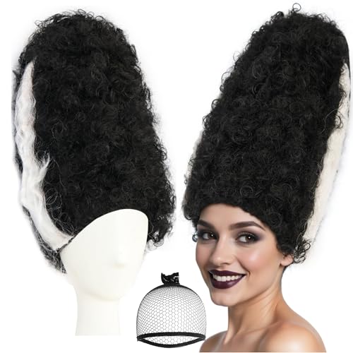 ESUNO Hair Cap+Monster Bride Wig for Women Black White Beehive Wig Fluffy Curly Hair Black White Gothic Outfit Monster Bride Cosplay Costume Synthetic Beehive Outfit for Theme Party Halloween Cosplay
