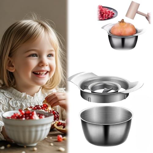 2025 New Stainless Steel Pomegranate Peeling Tool, 4.8x2.4 inch Bowl and Wood Hammer Pomegranate Seeder Pomegranate Arils Removal Tool Non-Slip Pomegranate Seed Remover (Peeler+Bowl)