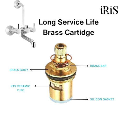 Image of iRiS 2-in-1 Brass Wall Mixer Tap with Overhead Shower Provision | 125mm Long Bend Pipe | Visible Hot /Cold Indicators | Chrome Finish Bathroom Wall-Mounted Faucet | Heavy-Duty Brass Construction