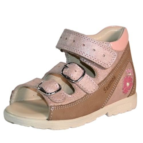 Kids Girls’ Genuine Leather Orthopedic Corrective Sandals – Arch Support Shoes, Ankle Support, for Flat Feet & Overpronation with Adjustable Hook & Loop Straps, Pink Metallic Floral