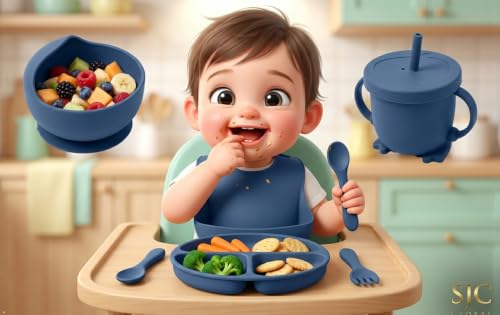 Image of SJC Global Silicone Baby Feeding Set Blue - 6 PCS Plate, Bowl, Spoon, Fork, Bib & Cup | Food‑Grade Silicone Tableware for Babies & Toddlers