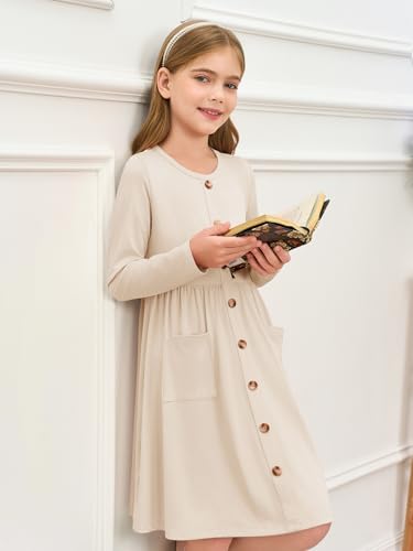 Girls Dresses Kids Button Down Midi Long Sleeve Casual A Line Dress with Pockets 4-14 Years3