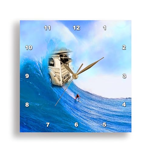 3dRose DPP_52247_1 Our Surfer Art with Old Woody Surfing on a Wave While Surfer Tries to Surf Out of Way Wall Clock, 10 by 10-Inch