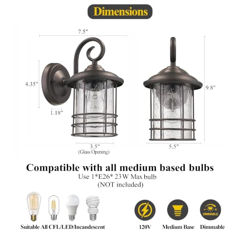 Image of MICSIU 2 Pack 5.5 inch Narrow Oil Rubbed Bronze Vintage Farmhouse Porch Light | Max 23W 9.8 Inch Outside Fixture, Waterproof Farmhouse Outdoor Wall Sconce for Slim Column, Patio, Front Door Sidelight