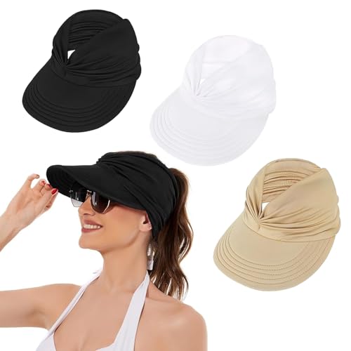 La Mejor Lista de Sombreros y gorras para Mujer los más recomendados. 46 FUWEN 3PCS Sombrero de Visera para Mujer, Sombreros de Playa Ancha, UPF 50+ con Protección UV, Visera de Golf Plegable, Gorra de Visera con Cola de Caballo, para Verano...