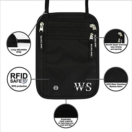 WILLWELL SPORT Neck Wallet  RFID Blocking Waterproof Travel Pouch  Hidden Anti-theft Festival Passport Holder  Flat Neck Pouch -Black