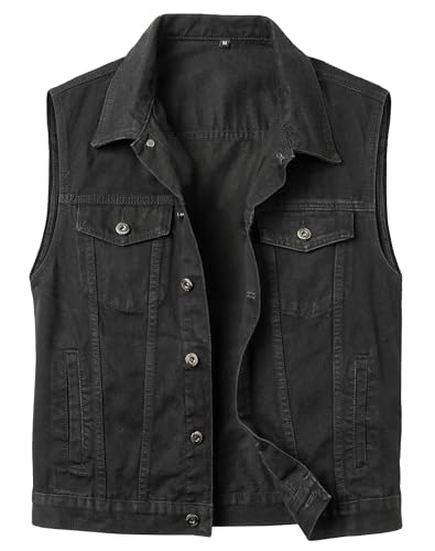 SUSHIMIAN Men's Denim Vest Casual Vintage Biker Cowboy Jeans Gilet Sleeveless Denim Jacket Battle Vests, Black, 4XL