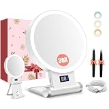 B Beauty Planet 1X/30X Miroir Grossissant avec Lumière, Affichage de La Batterie, Support 4-en-1, Double Face, 3 Couleurs Réglables, 2000mAh, Pinces Incluses, Pliable – pour Maison & Voyage