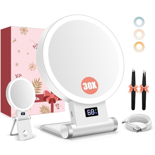 B Beauty Planet 30X/1X Kosmetikspiegel mit Beleuchtung, Digitale Batterieanzeige, 4-in-1-Ständer, Doppelseitiger Kompaktspiegel mit 3-Farben-Licht, 2000mAh, Klappbar, Für Zuhause & Reisen