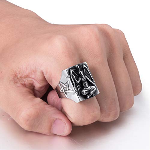 Elfasio Stainless Steel Ring For Men Satanic Baphomet Goat Satan Demon Devil Leviathan Cross Pentagram Rings Symbol Vintage Jewelry Size 10 #TOP5