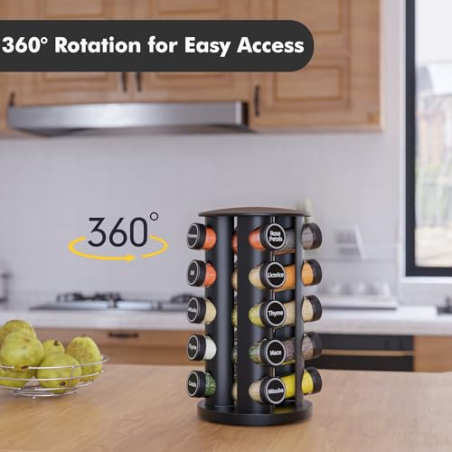 Image of New England Stories Revolving Spice Rack Set with 20 Spice Jars, Kitchen Spice Tower Organizer for Countertop or Cabinet - Carousel Storage Includes 386 Spice Labels (Black)