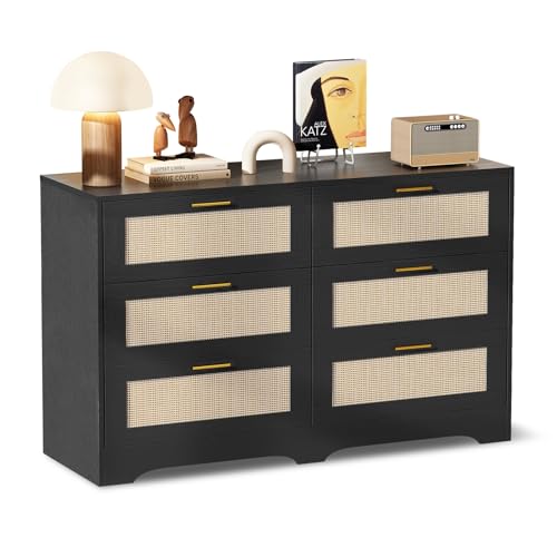 Image of Redlife 6 Drawer DresserBlack, Chest of Drawer for Bedroom, Wood Storage Boho Dresser with Golden Handles, Beside Table for Closet, Living Room, Hallway and Entryway, Black and Natural
