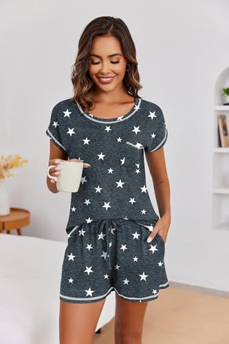 Image of Ekouaer Womens Pajama Sets 2 Piece Soft Short Sleeve Top and Shorts Sleepwear Round Neck Pjs Lounge Set with Pockets